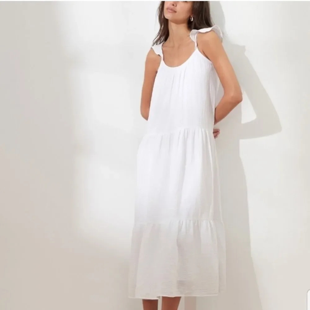Banana Republic Frill-Sleeve Gauze Tiered Mid-Calf Dress